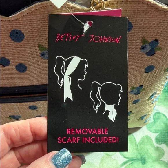 Betsey Johnson Beige blueberry Tote with Blue Floral & Polka Dot Scarf Bow - Picture 6 of 11